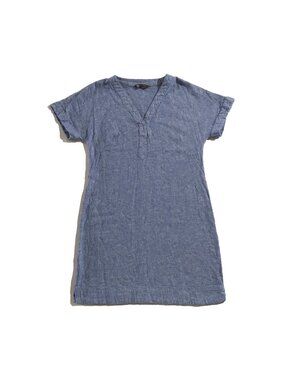 M&S Collection Mini Dress Womens Size 8 Blue Linen Blend V-Neck Short Sleeve